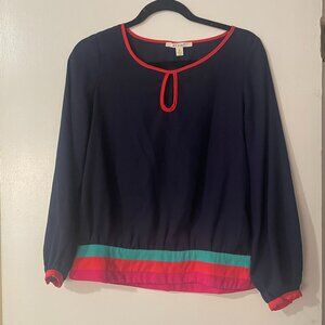 Miami Navy Blue Long Sleeve‎ Blouse Top Keyhole Neckline Colorblock Retro Sz S